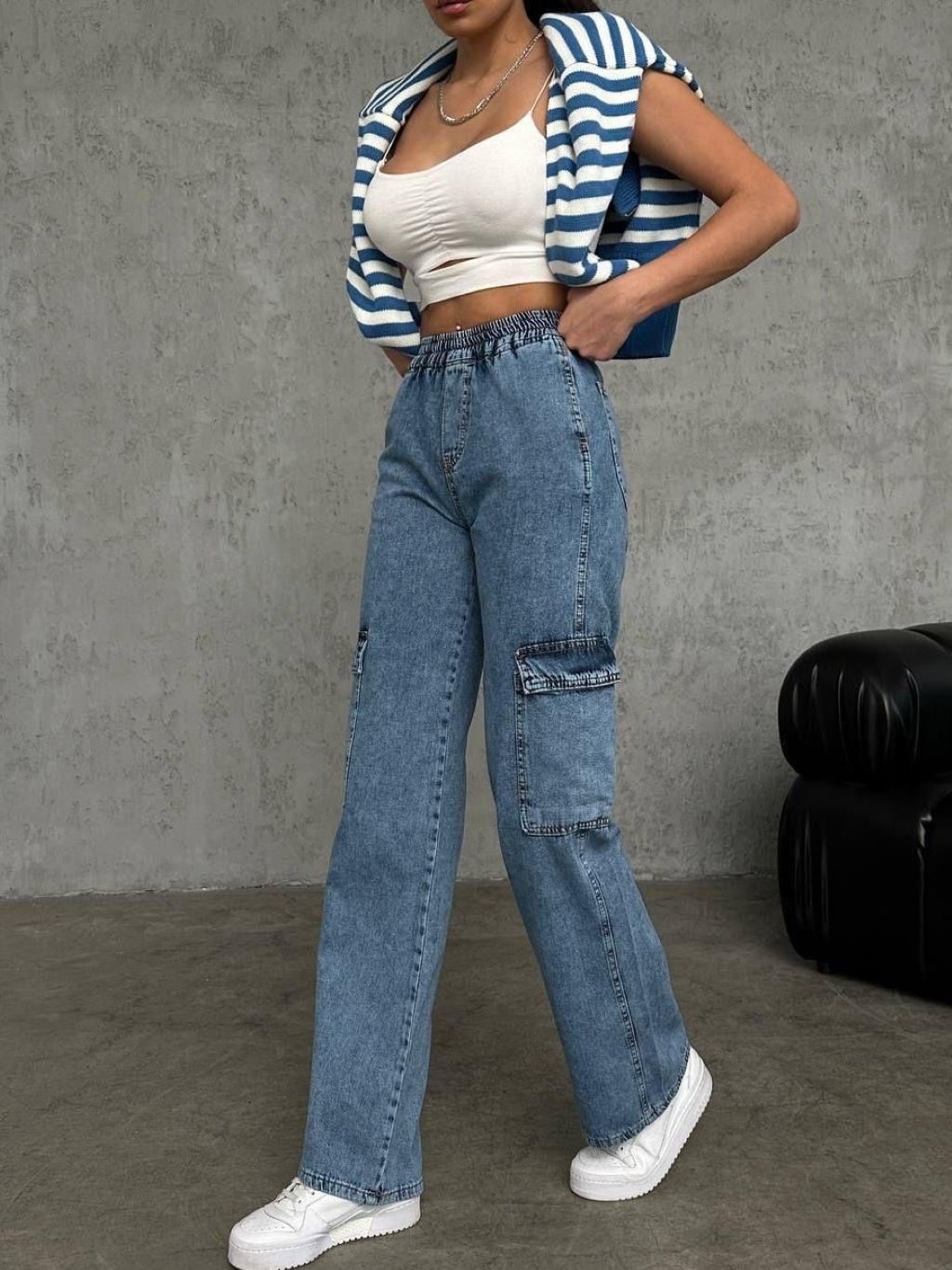 Blue Elastic Waist Cargo Jeans