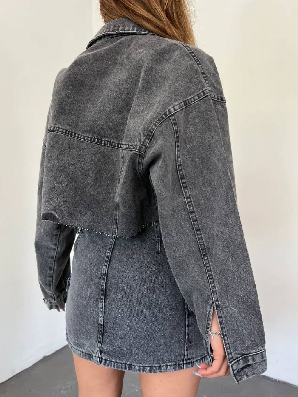 Grey Oversized Crop Denim Jacket