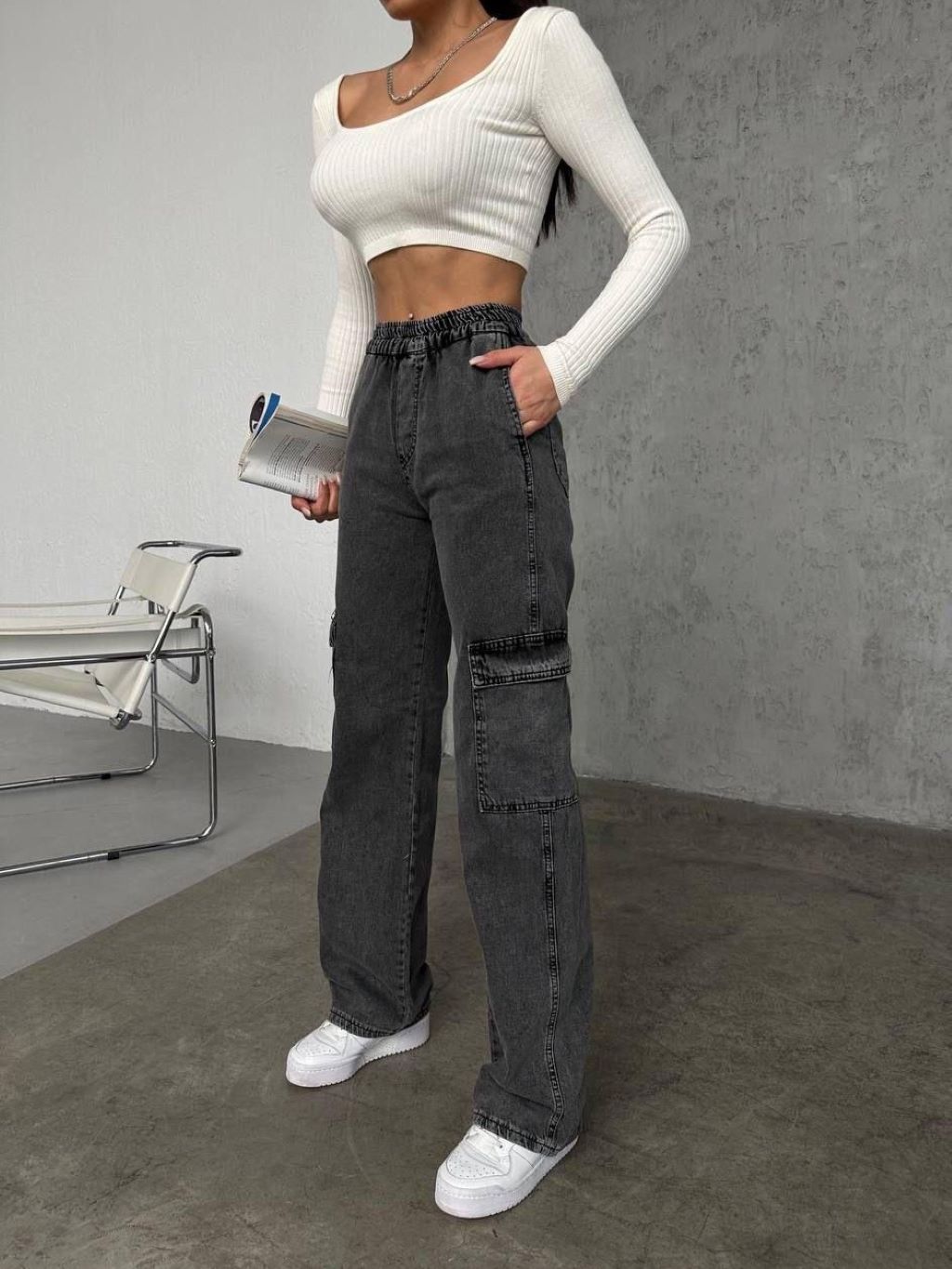 Grey Elastic Waist Cargo Jeans