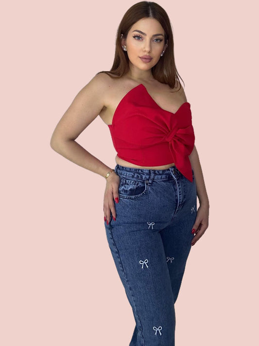 Dark Bow Straight Cut Jeans