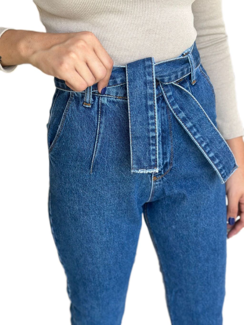 High Waist Blue Belted Jeans