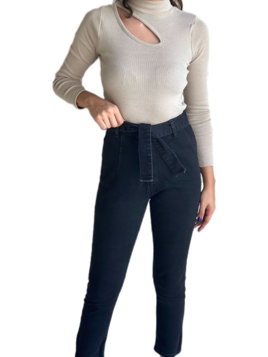 High Waist Black Belted Jeans