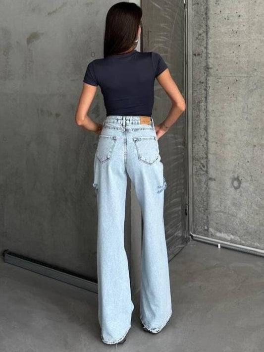 Washed Blue Wide Leg Jeans