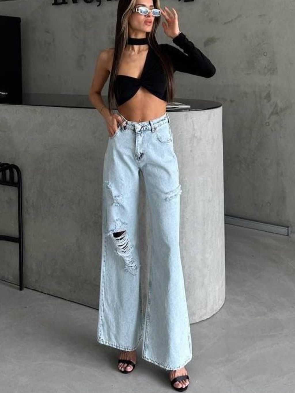 Washed Blue Wide Leg Jeans