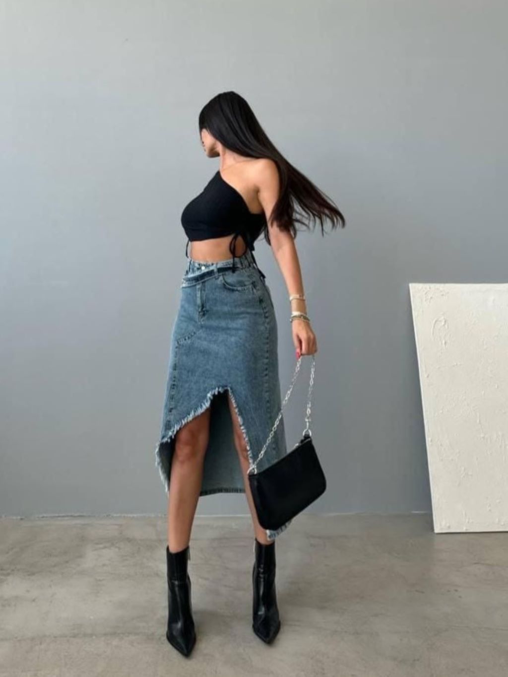 Denim Long Belt Skirt