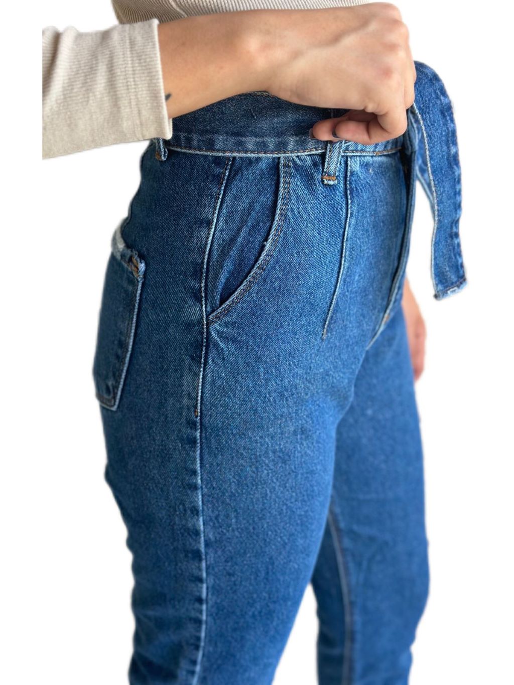 High Waist Blue Belted Jeans