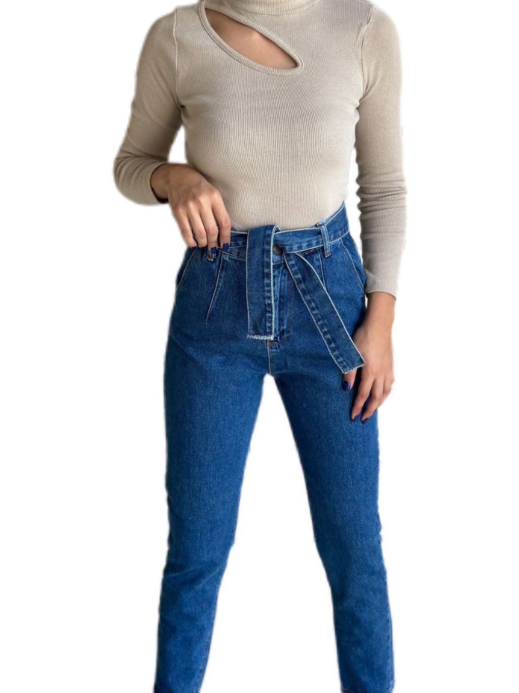 High Waist Blue Belted Jeans